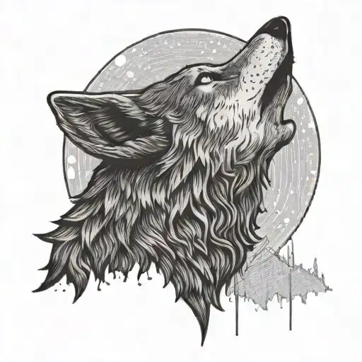 A wolf howling at the moon in a minimalist dotwork style tattoo design idea