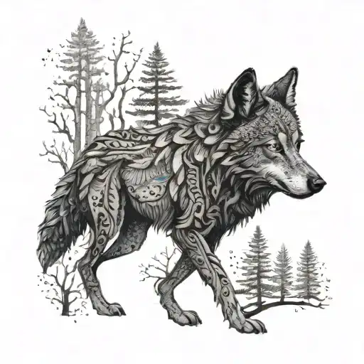 A dotwork tattoo of a black wolf surrounded by a mystical forest scene tattoo design idea