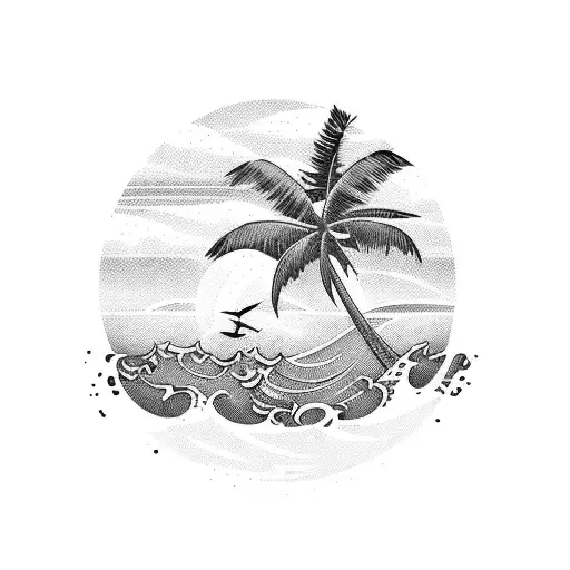 A serene beach sunset with palm trees and waves crashing tattoo design idea