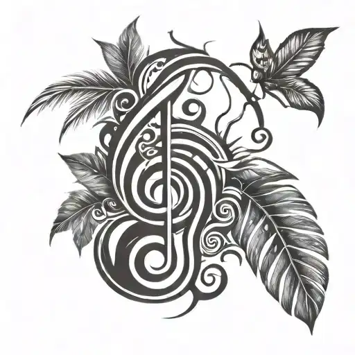 Design a tattoo of a tribal music symbol surrounded by water and nature elements tattoo design idea