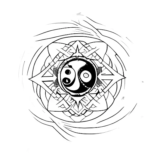 Black colored chaos star with ying yang symbol embedded in a middle, green outline tattoo design idea