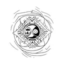 Black colored chaos star with ying yang symbol embedded in a middle, green outline tattoo design idea