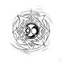 Black colored chaos star with ying yang symbol embedded in a middle, green outline tattoo design idea