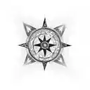 An intricate compass design incorporating symbols of family and adventure, with Amazigh patterns surrounding it tattoo design idea