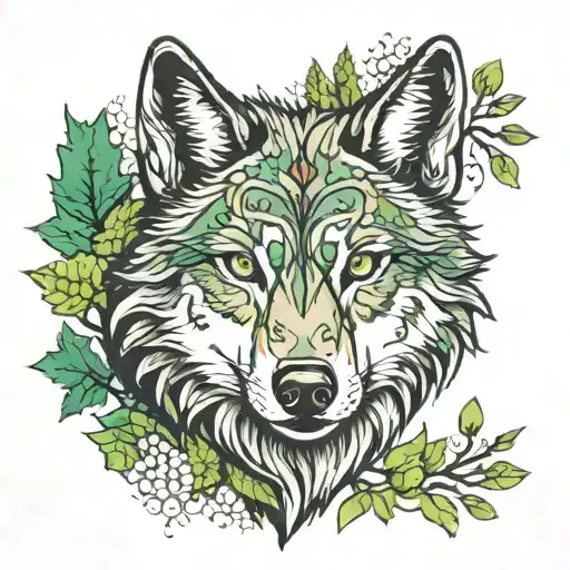 gray wolf with green eyes surrounded by forest   tattoo design idea