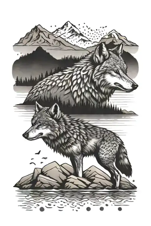 wolf loon nature mountains lake tattoo design idea