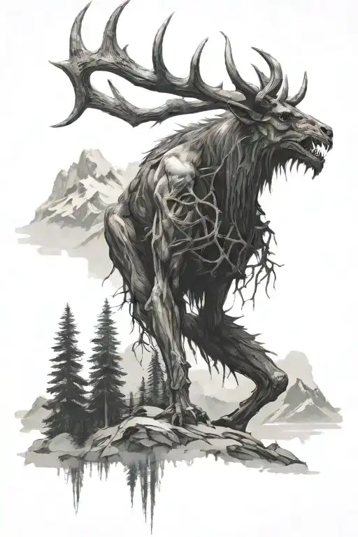 wendigo  in the mountains tattoo design idea