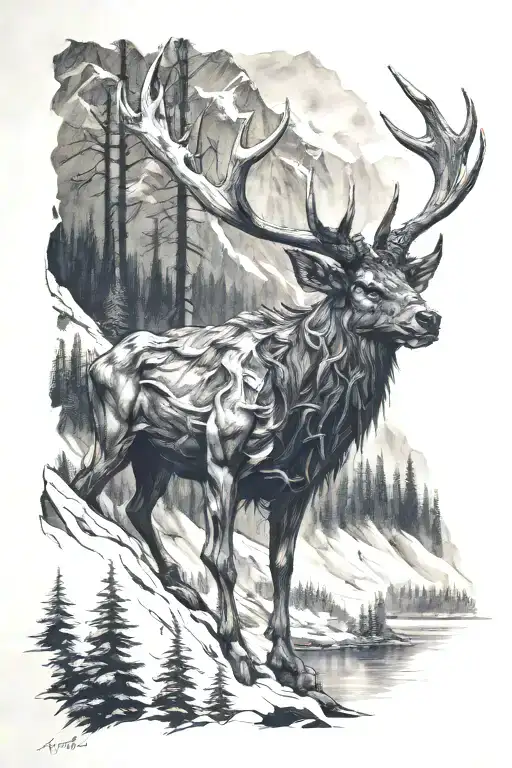wendigo lurking in the mountains tattoo design idea