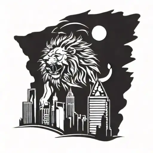 A lion roaring in front of a city skyline, symbolizing strength and urban life tattoo design idea