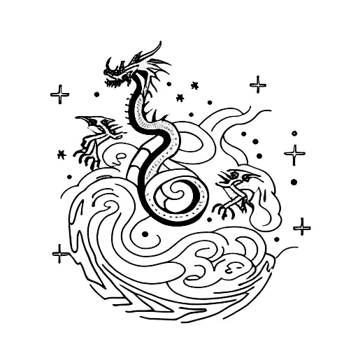 Design a minimalist tattoo that fuses the elegance of dragons with the mystery of the cosmos, depicting a dragon constellation soaring through the night sky. tattoo design idea