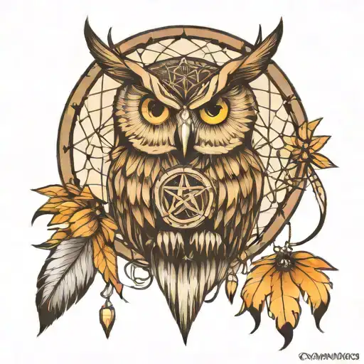 owl moon dreamcatcher pentagram tattoo design idea