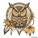 owl moon dreamcatcher pentagram tattoo design idea