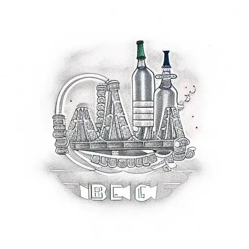 A dotwork tattoo of a steel bridge with beer bottles hanging from it, symbolizing the client's occupation as a civil engineer and their love for beer. tattoo design idea