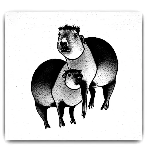 two capybaras on top of each other with a Mandarin on the head tattoo design idea