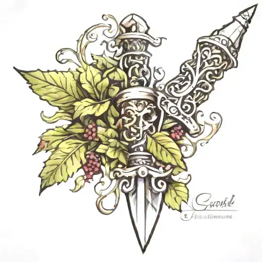 Crystal dagger wrapped with ivy vines tattoo design idea