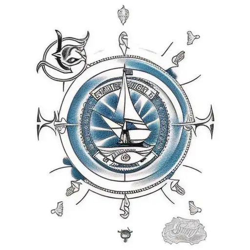old school style tattoo intertwines with waves and a ship sailor jerry style in bright colors tattoo design idea