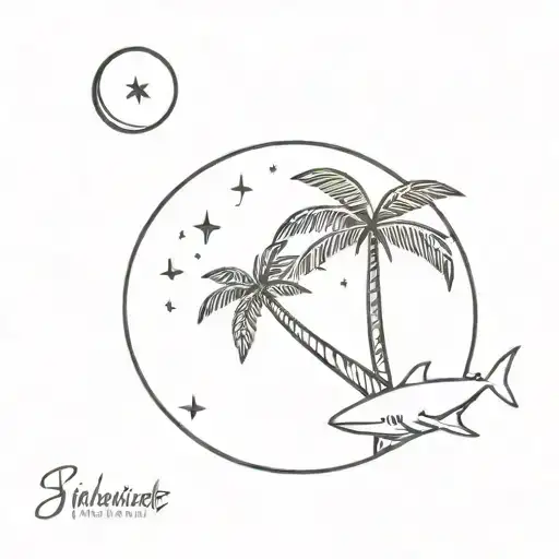 A palm tree under a waxing crescent moon with a shark swimming under the tree tattoo design idea