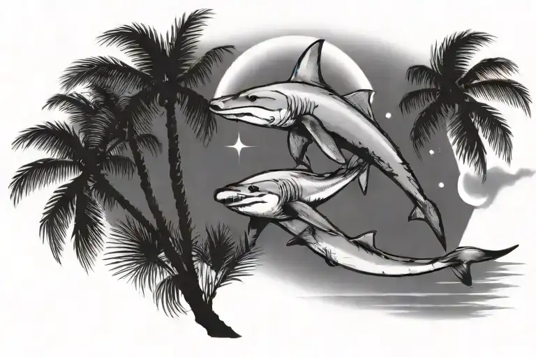 hammerhead shark swimming under a palm tree which is under a waxing crescent moon tattoo design idea