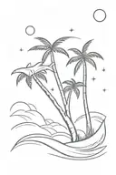 Palm tree under a waxing crescent moon. One hammer head shark is swimming under the palm tree tattoo design idea