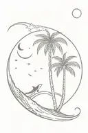 Palm tree under a waxing crescent moon. One hammer head shark is swimming under the palm tree tattoo design idea