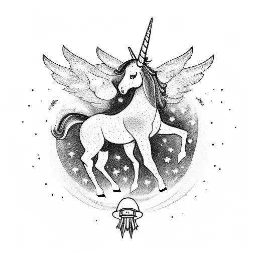 astronaut on a unicorn with wings, horse is on two legs with front two lifted up; background has mushrooms with galaxy tattoo design idea