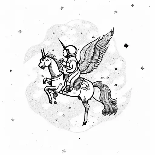 astronaut on a unicorn with wings, horse is on two legs with front two lifted up; background has mushrooms with galaxy tattoo design idea