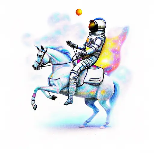 astronaut on a horse, horse is on two legs with front two lifted up; background has psilocybin mushrooms with galaxy tattoo design idea