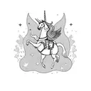 astronaut on a unicorn with wings, horse is on two legs with front two lifted up; background has mushrooms with galaxy tattoo design idea