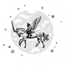 astronaut on a unicorn with wings, horse is on two legs with front two lifted up; background has mushrooms with galaxy tattoo design idea