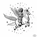 astronaut on a unicorn with wings, horse is on two legs with front two lifted up; background has mushrooms with galaxy tattoo design idea
