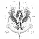 astronaut on a unicorn with wings, horse is on two legs with front two lifted up; background has mushrooms with galaxy tattoo design idea