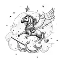 astronaut on a unicorn with wings, horse is on two legs with front two lifted up; background has mushrooms with galaxy tattoo design idea