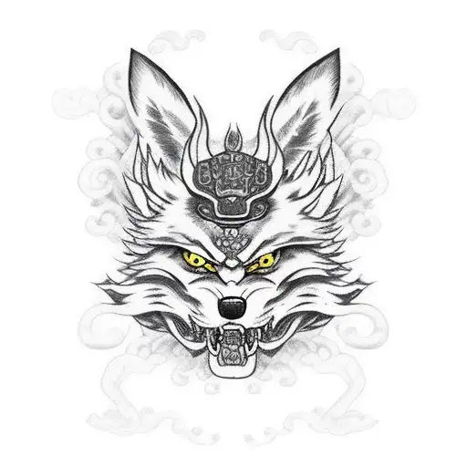 Japanese "Kitsune Mask Fused With Hanya Mask Horn..." Tattoo Idea
