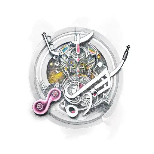 A new-school design featuring a mashup of iconic video game characters and musical instruments tattoo design idea