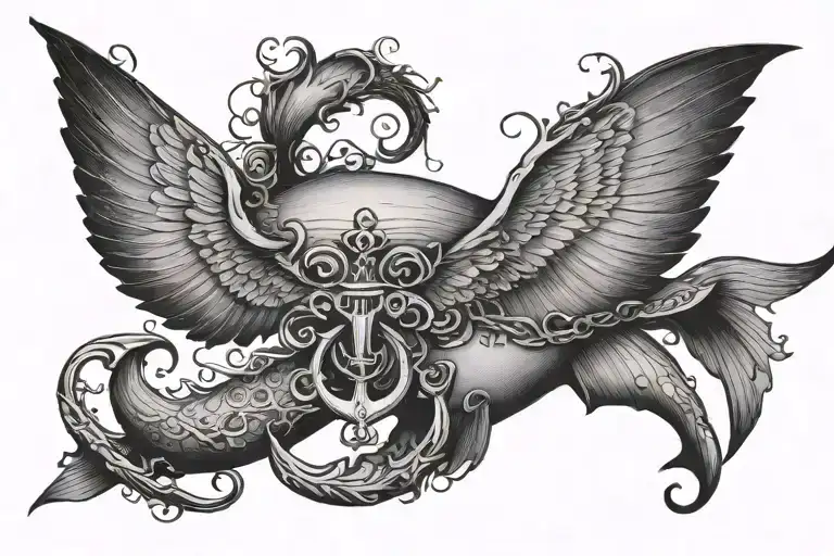 I want a minimalist tatto design about wings, jelyfish and anchor and whale tattoo design idea