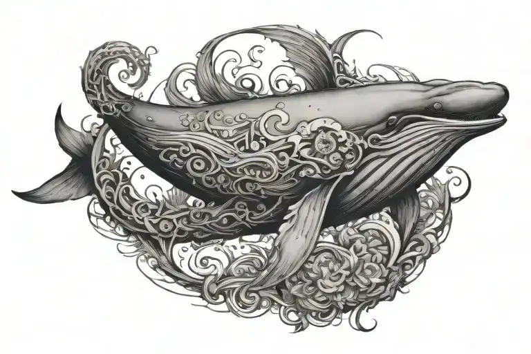 I want a minimalist sureal tatto design about whale, jelyfish and anchor and wings tattoo design idea