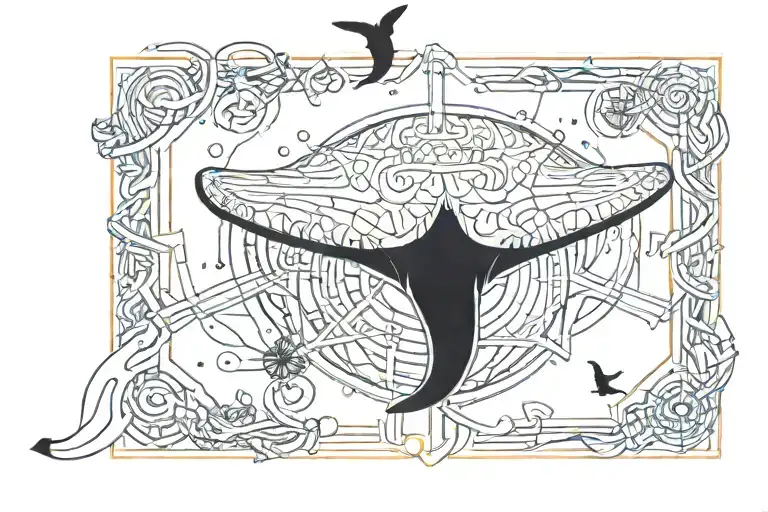 I want a creapy minimalist sureal tatto design about whale, jelyfish and anchor and wings tattoo design idea