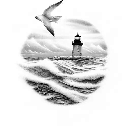 Storm Petrel skating ocean surface with two Thatcher Island lighthouses in background tattoo design idea