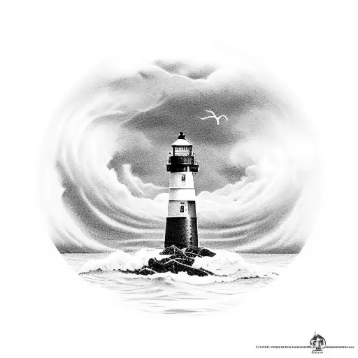 Storm Petrel bird skating ocean surface with two Thatcher Island lighthouses in background tattoo design idea