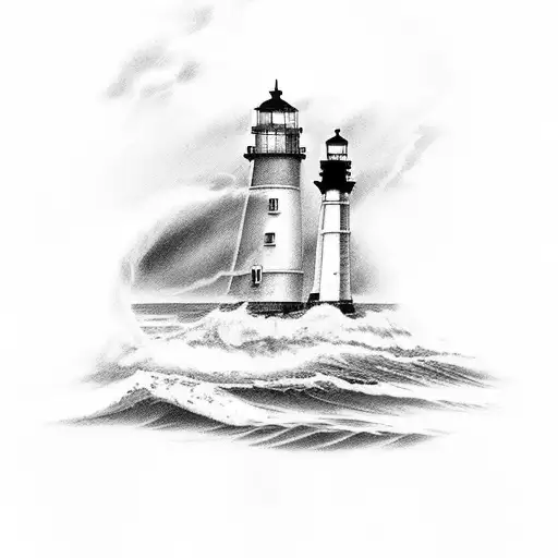 Storm Petrel touching ocean surface with two Thatcher Island lighthouses in background tattoo design idea