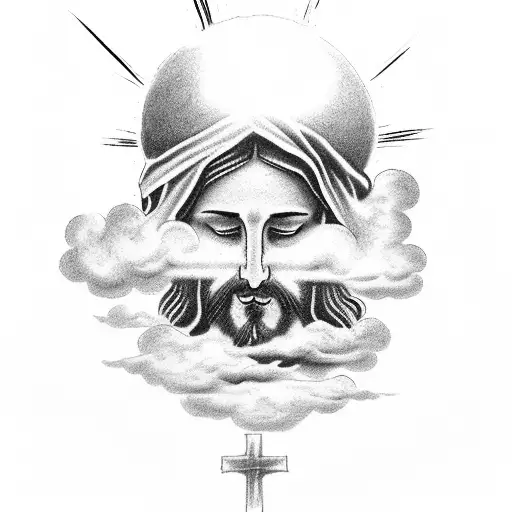 religious tatoo with clouds, Christ cross, the date "august 28th 2019" and it should fit my forearm tattoo design idea