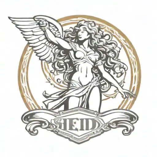 sheild logo with Female Nude Greek God With Wigs Flying, Super Sexy And Revealing, Elegant, Hot. tattoo design idea