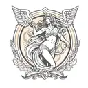 sheild logo with Female Nude Greek God With Wigs Flying, Super Sexy And Revealing, Elegant, Hot. tattoo design idea