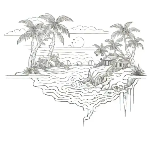 A serene paradise island landscape with hidden elements of danger and darkness, like hidden skulls or eerie shadows tattoo design idea