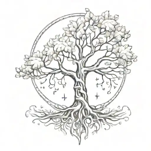 A sketch-style tattoo of Yggdrasil, the World Tree, with musical notes intertwined in its branches tattoo design idea
