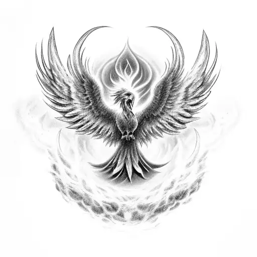 A black-grey tattoo of a phoenix rising from the ashes, representing the client's transformation and triumph over addiction tattoo design idea