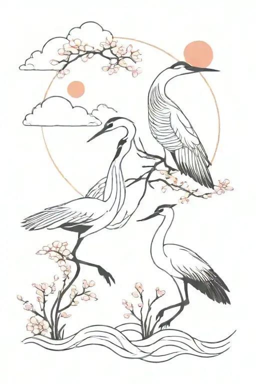Two red-crowned cranes fly in the haze around the sun with sakura flowers tattoo design idea