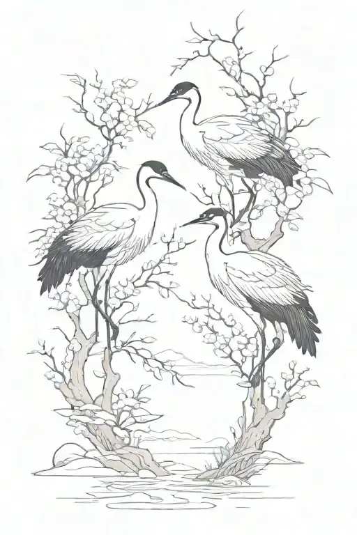 Red-crowned cranes and sakura in a foggy haze tattoo design idea
