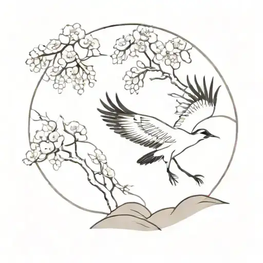 Two red-crowned cranes fly in the haze around the sun with sakura flowers tattoo design idea