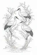 Red-crowned cranes and sakura in a foggy haze tattoo design idea